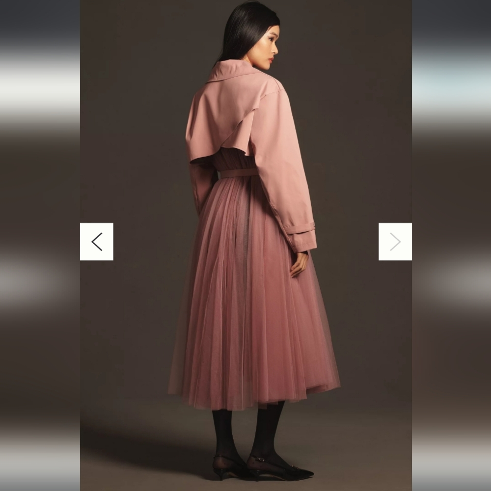 Anthropologie Womens Blush Pink Trench Coat Tulle Pleated Detail Size Small Flaw - Picture 5 of 14
